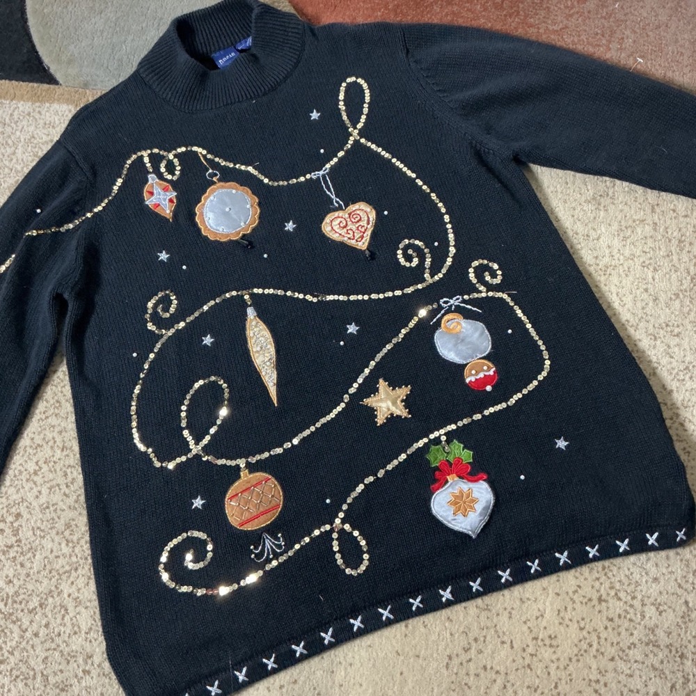 Basic Editions Holiday Ornament Sweater Women XL Black Sequin Festive Knit Top - Picture 3 of 7